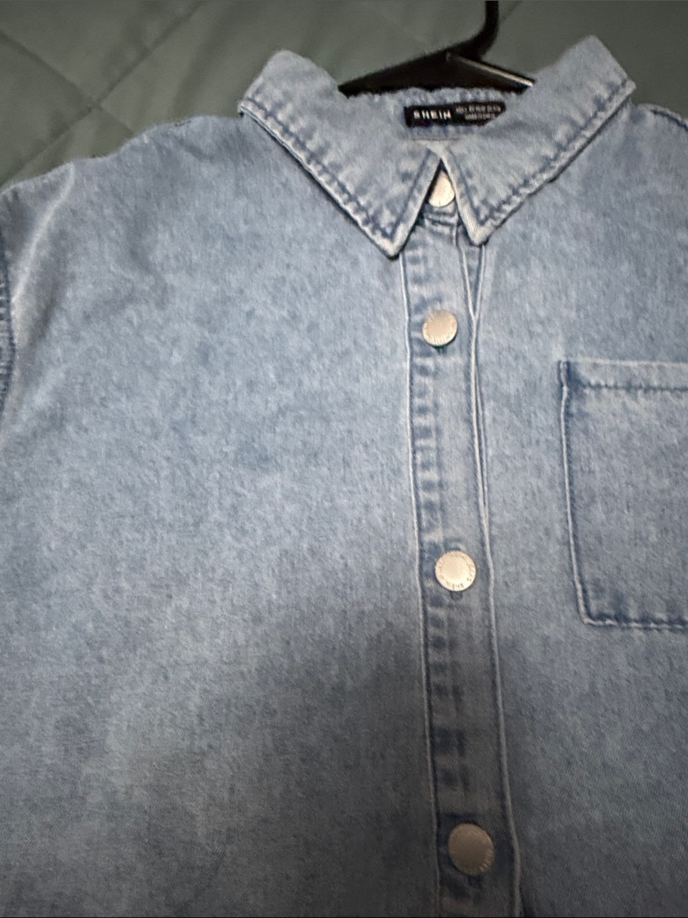 SHEIN Light Blue Cropped Denim Button-Up Shirt